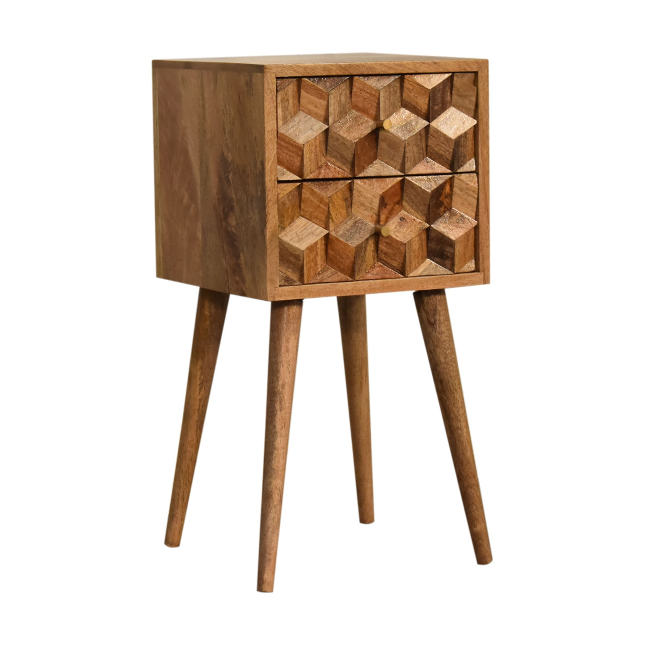 Solid Wood Cube Carved 2 Drawer Bedside - Modern Nordic Design in Oak