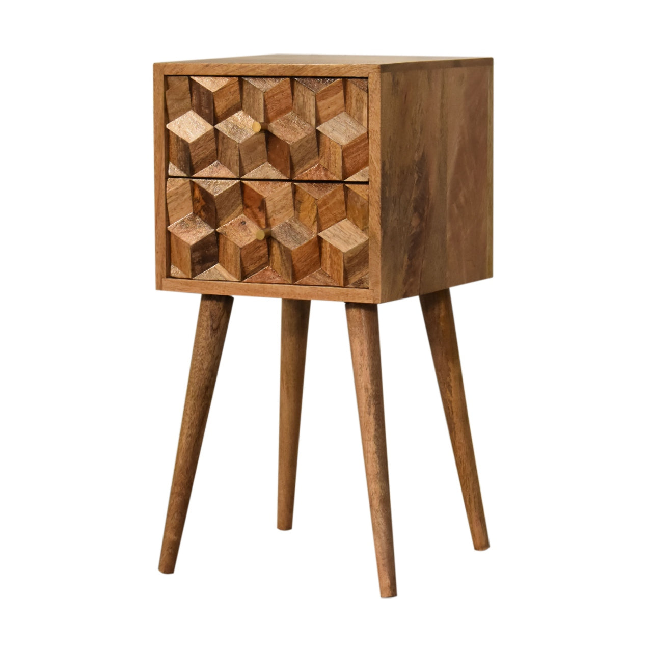 Solid Wood Cube Carved 2 Drawer Bedside - Modern Nordic Design in Oak