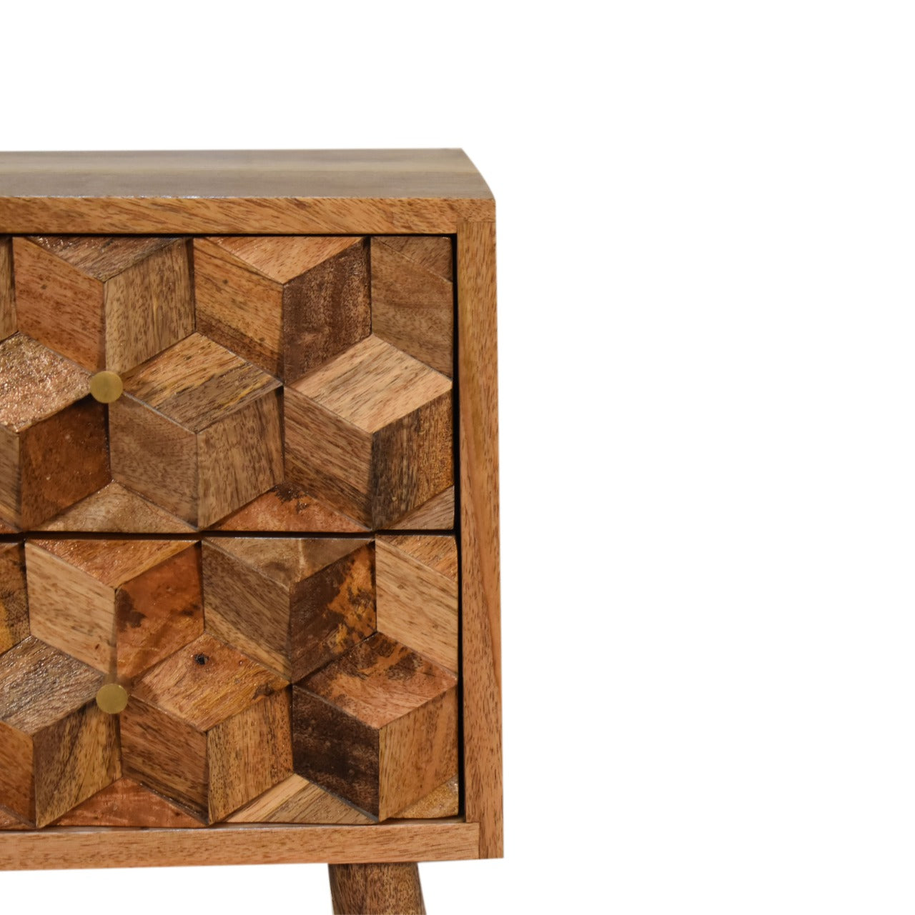 Solid Wood Cube Carved 2 Drawer Bedside - Modern Nordic Design in Oak