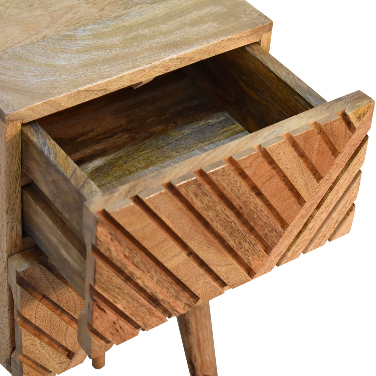 Compact 2 Drawer Bedside Table Lille– Solid Wood, Chestnut Finish, Hand-Carved Slatted Nordic Design