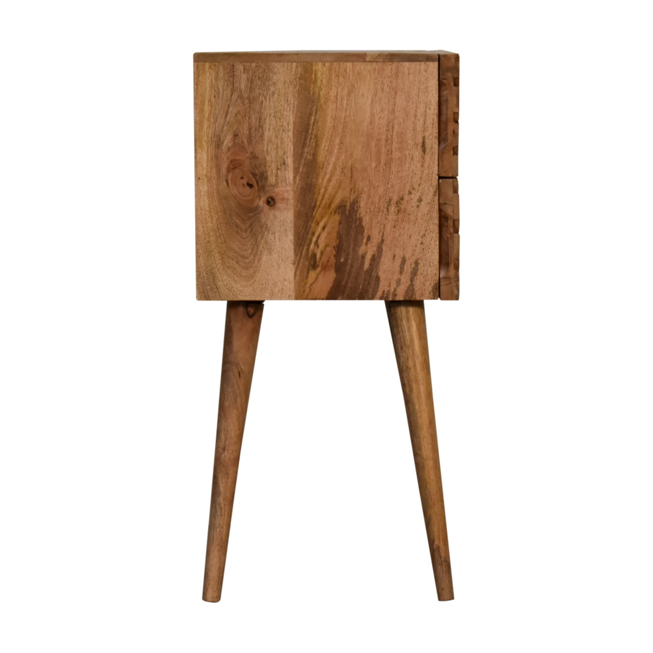 Compact 2 Drawer Bedside Table Lille– Solid Wood, Chestnut Finish, Hand-Carved Slatted Nordic Design