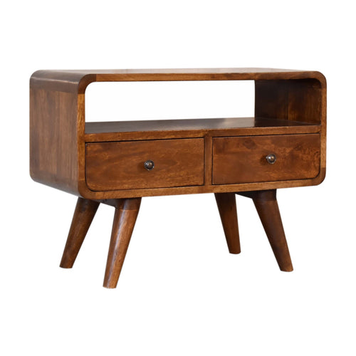 2 Drawers Mini Chestnut Curved Media Unit - Handmade Solid Wood TV Stand with Shelf