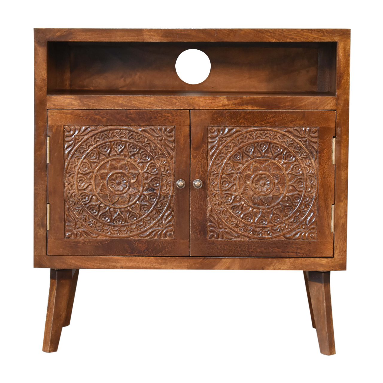 Handcrafted Wood Cabinet – Carved Door, Storage and Shelf