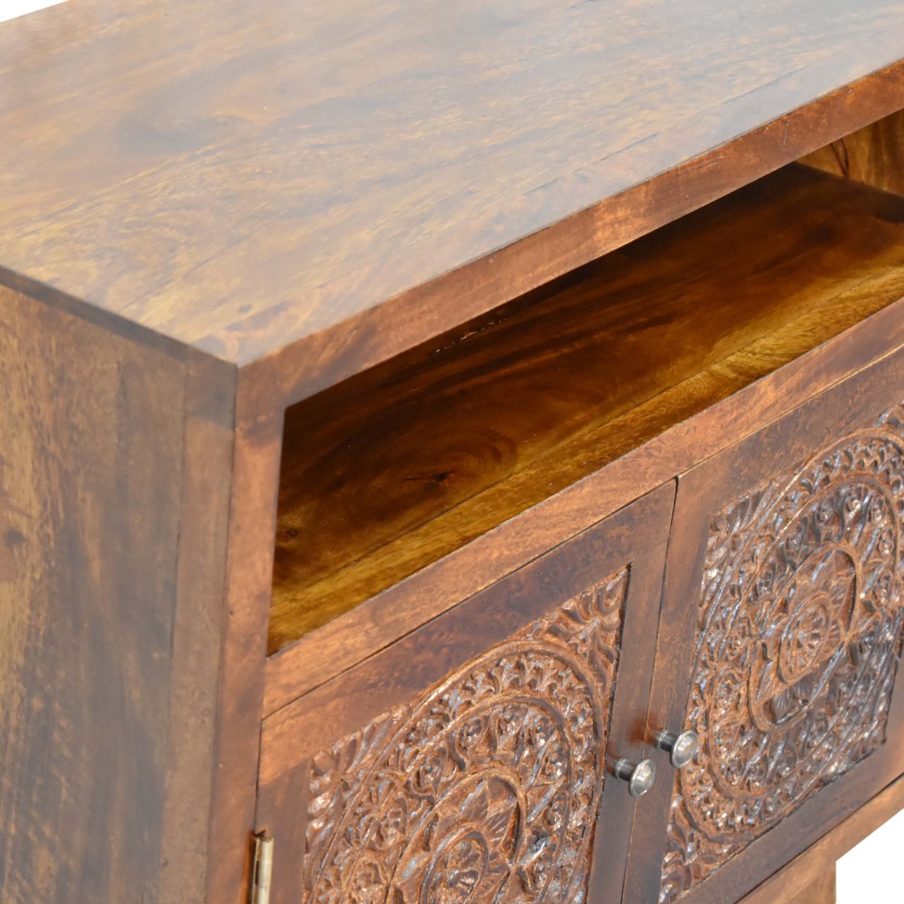 Handcrafted Wood Cabinet – Carved Door, Storage and Shelf
