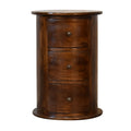 Handcrafted 3 Drawer Drum Bedside Table – Solid Wood, Dark Chestnut Finish