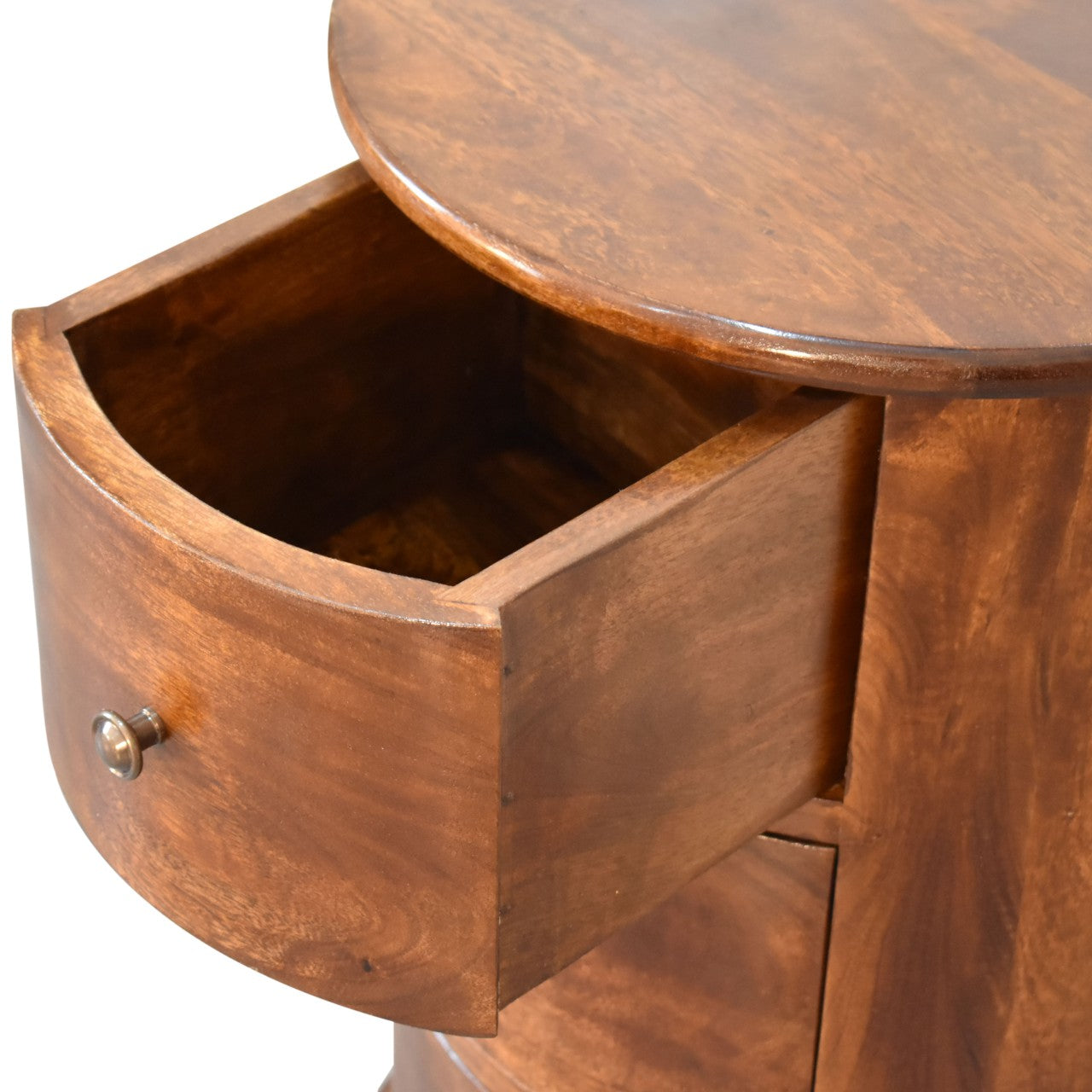 Handcrafted 3 Drawer Drum Bedside Table – Solid Wood, Dark Chestnut Finish