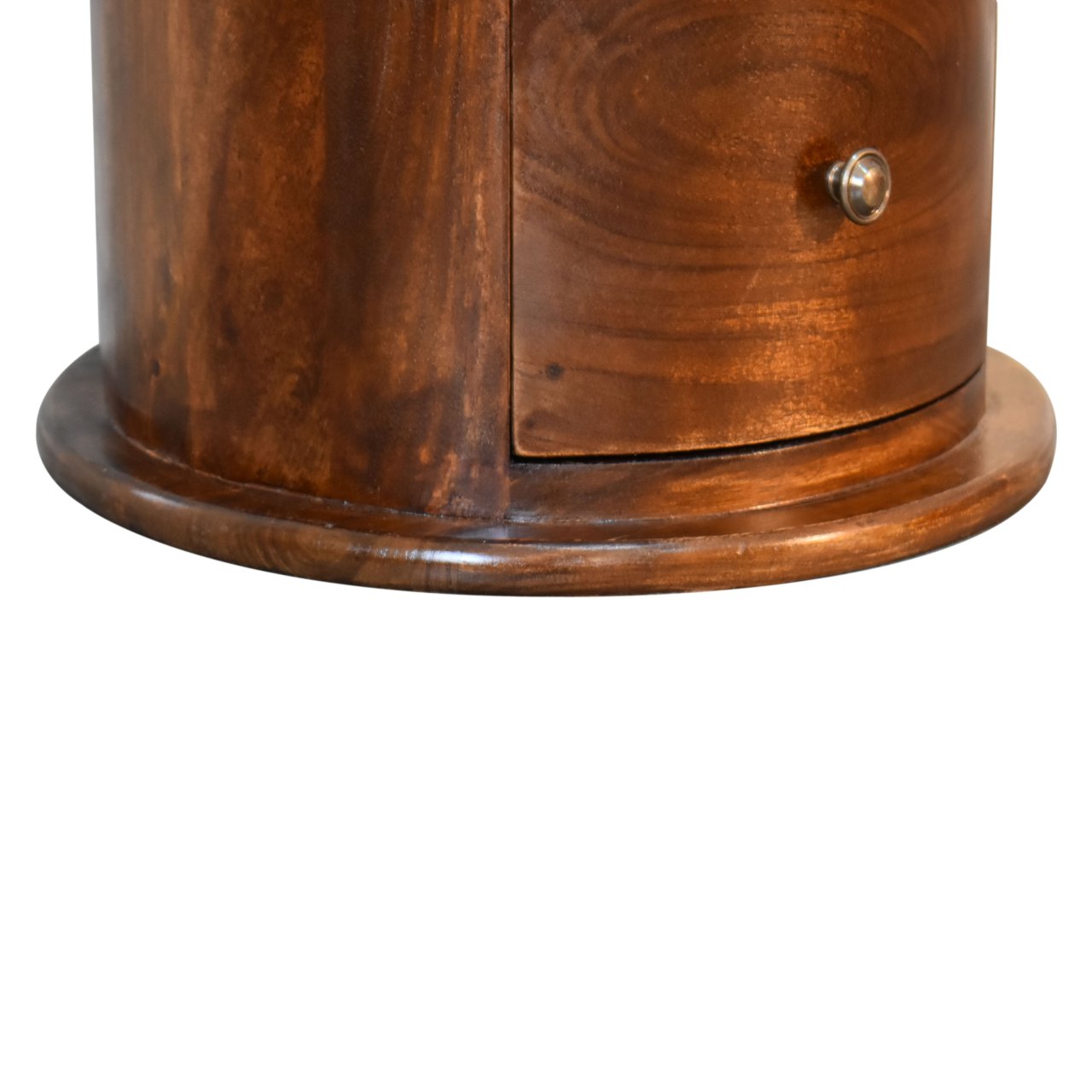 Handcrafted 3 Drawer Drum Bedside Table – Solid Wood, Dark Chestnut Finish