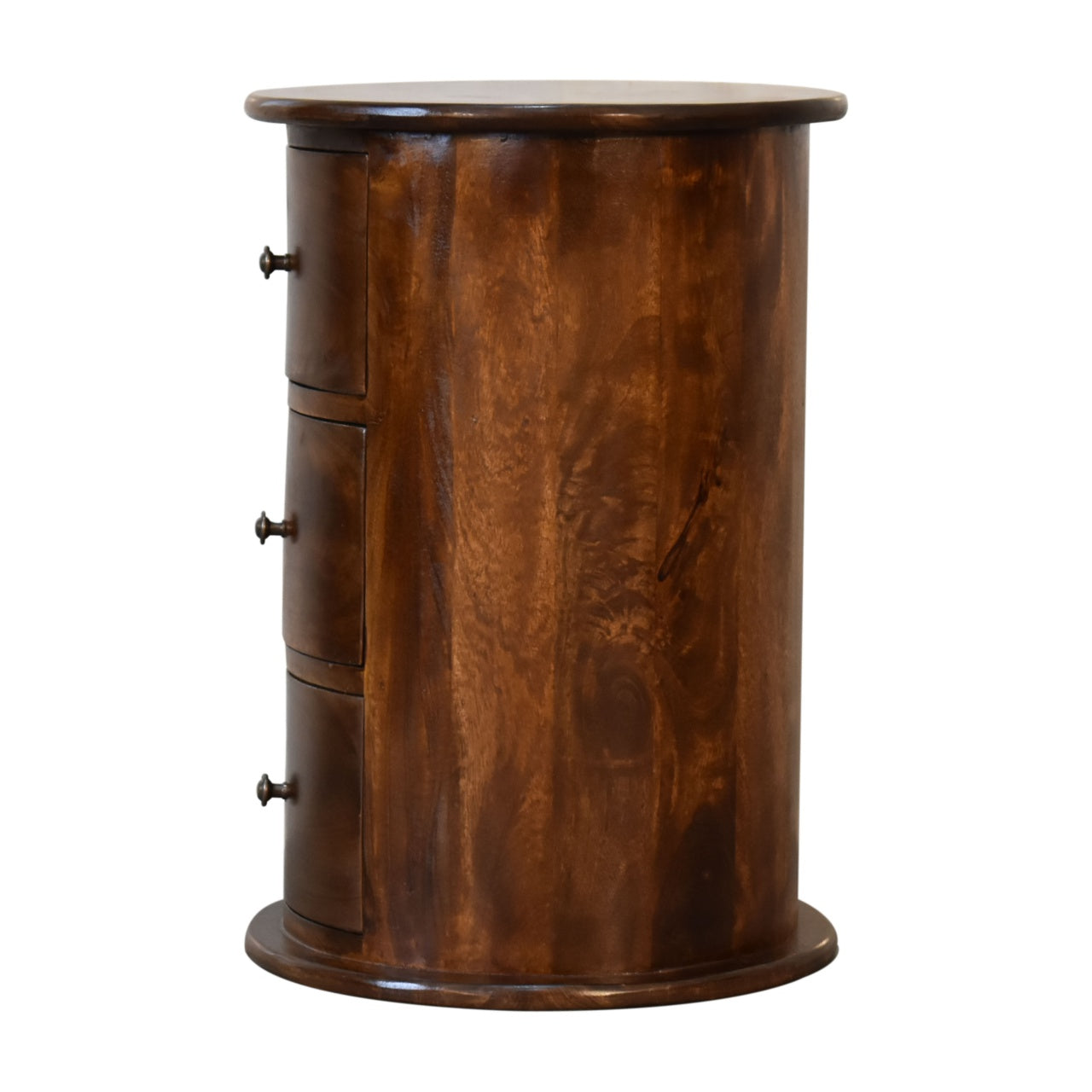 Handcrafted 3 Drawer Drum Bedside Table – Solid Wood, Dark Chestnut Finish