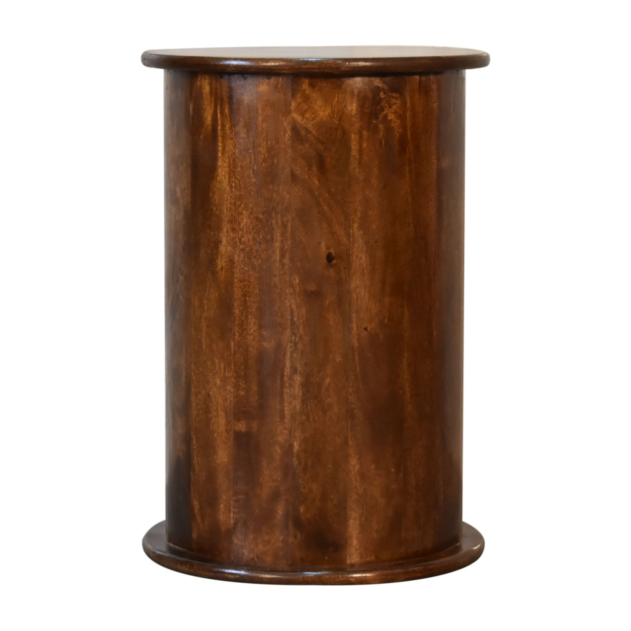 Handcrafted 3 Drawer Drum Bedside Table – Solid Wood, Dark Chestnut Finish