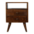 Classic Solid Wood 2 Drawer Bedside Table with Shelf – Nordic Legs, Chestnut Finish