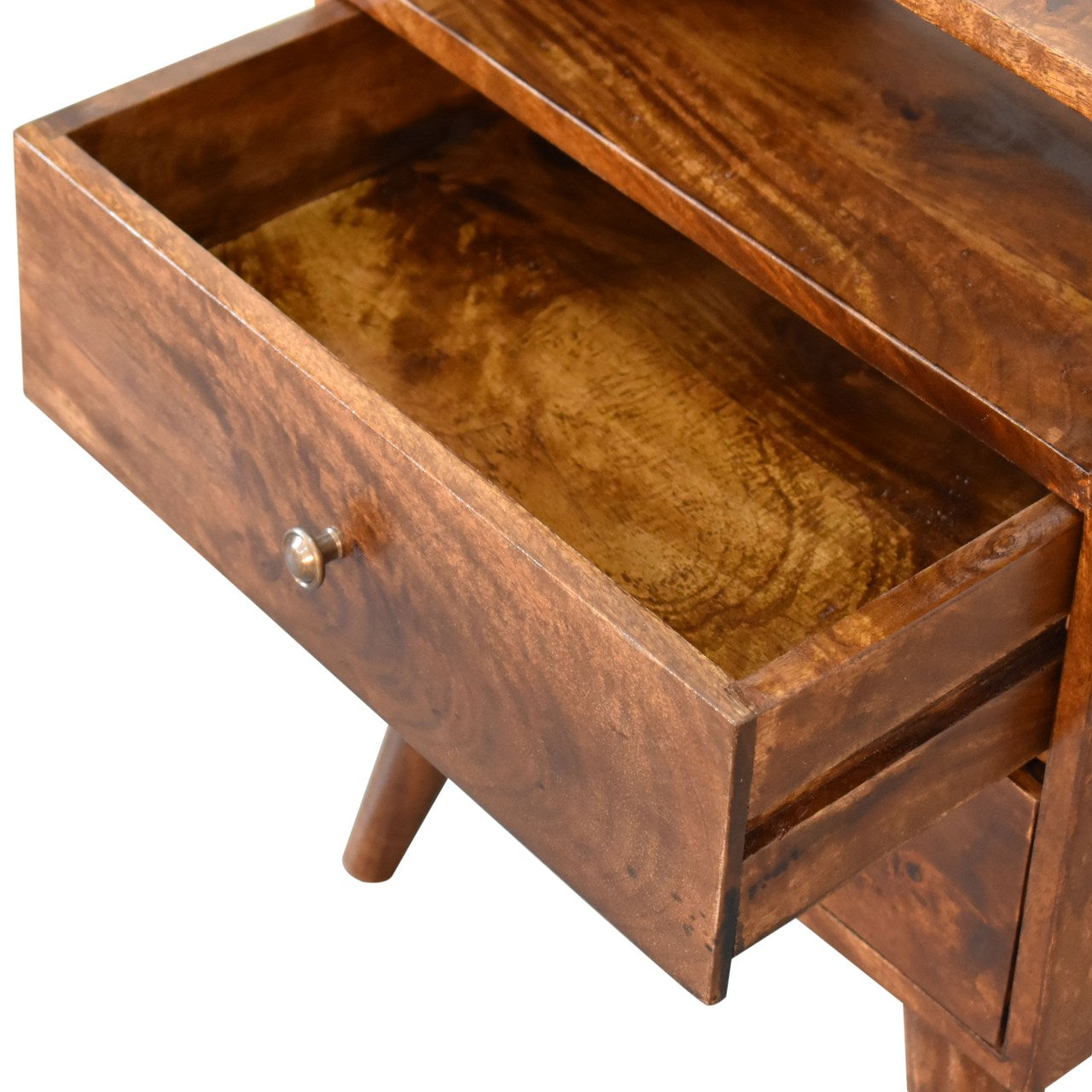 Classic Solid Wood 2 Drawer Bedside Table with Shelf – Nordic Legs, Chestnut Finish