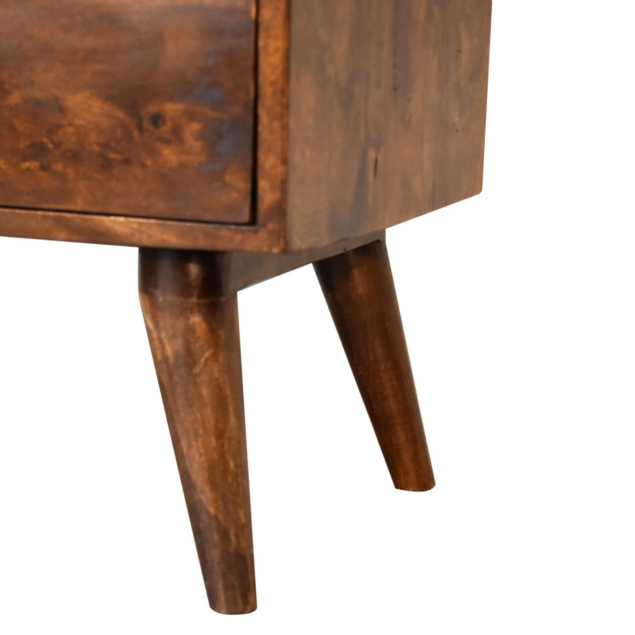 Classic Solid Wood 2 Drawer Bedside Table with Shelf – Nordic Legs, Chestnut Finish