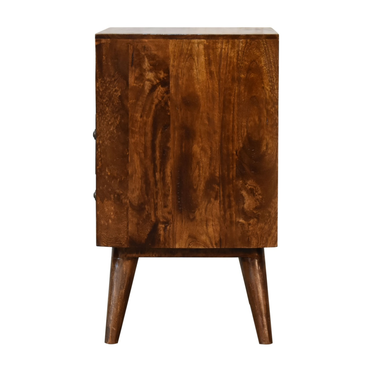 Classic Solid Wood 2 Drawer Bedside Table with Shelf – Nordic Legs, Chestnut Finish