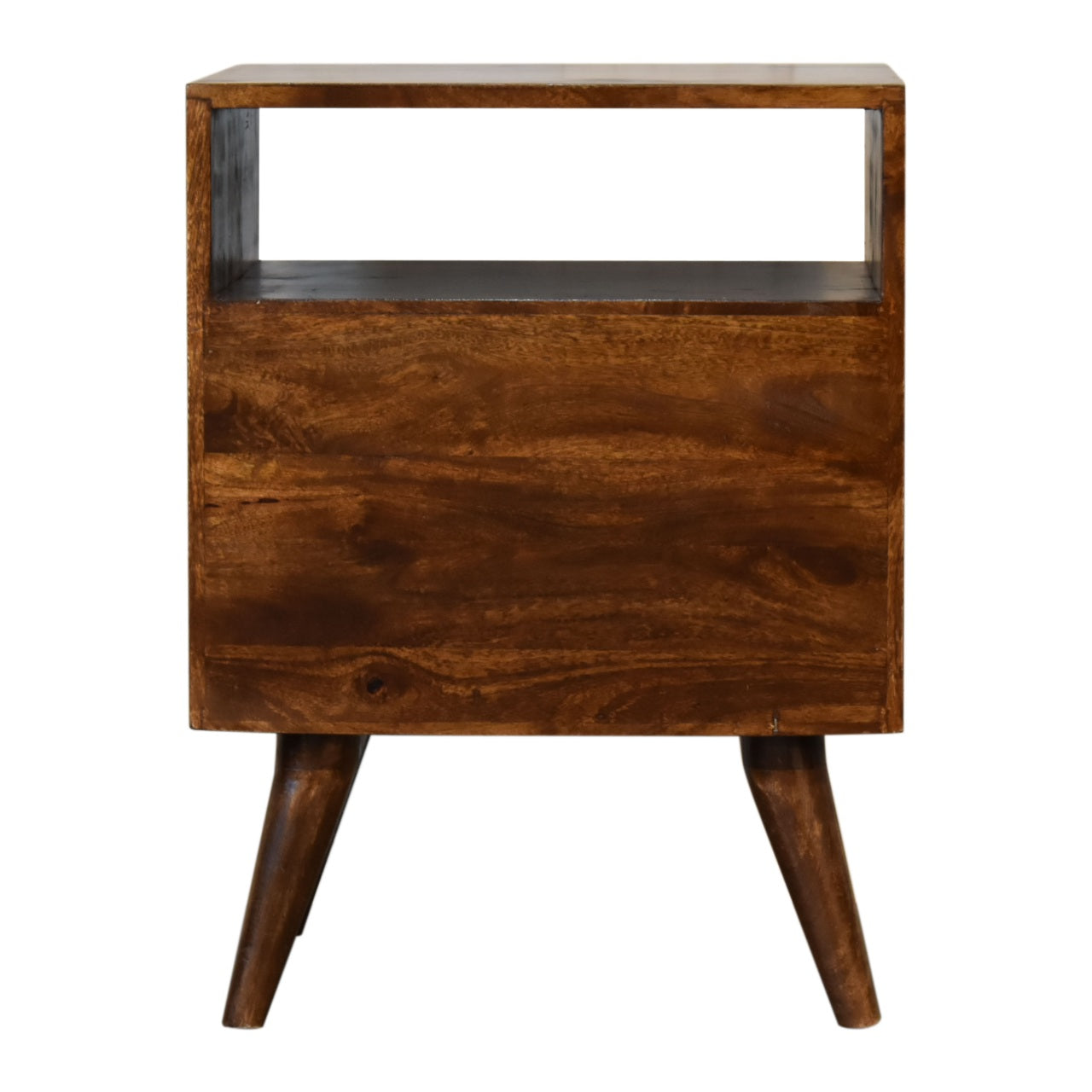 Classic Solid Wood 2 Drawer Bedside Table with Shelf – Nordic Legs, Chestnut Finish