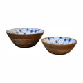 Handmade Solid Wood Blue and White Bowl Set of 2