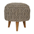 Handmade Crochet Grey Footstool – Knitted Pouffe Ottoman with Wooden Legs