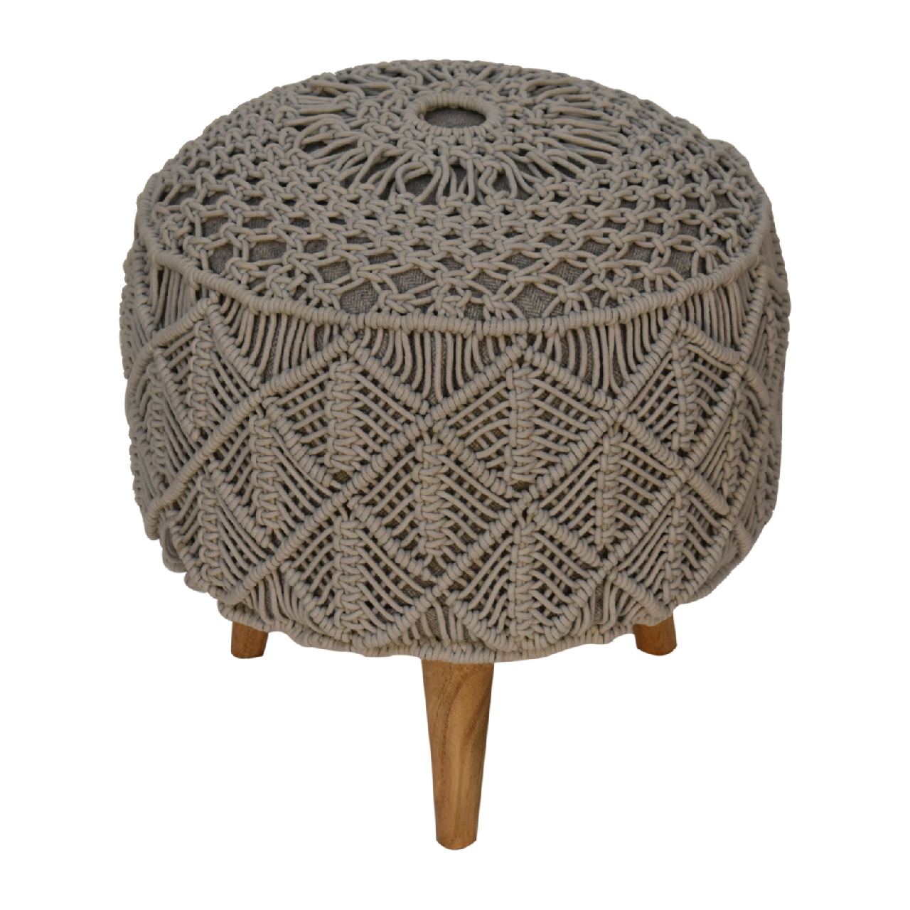 Handmade Crochet Grey Footstool – Knitted Pouffe Ottoman with Wooden Legs