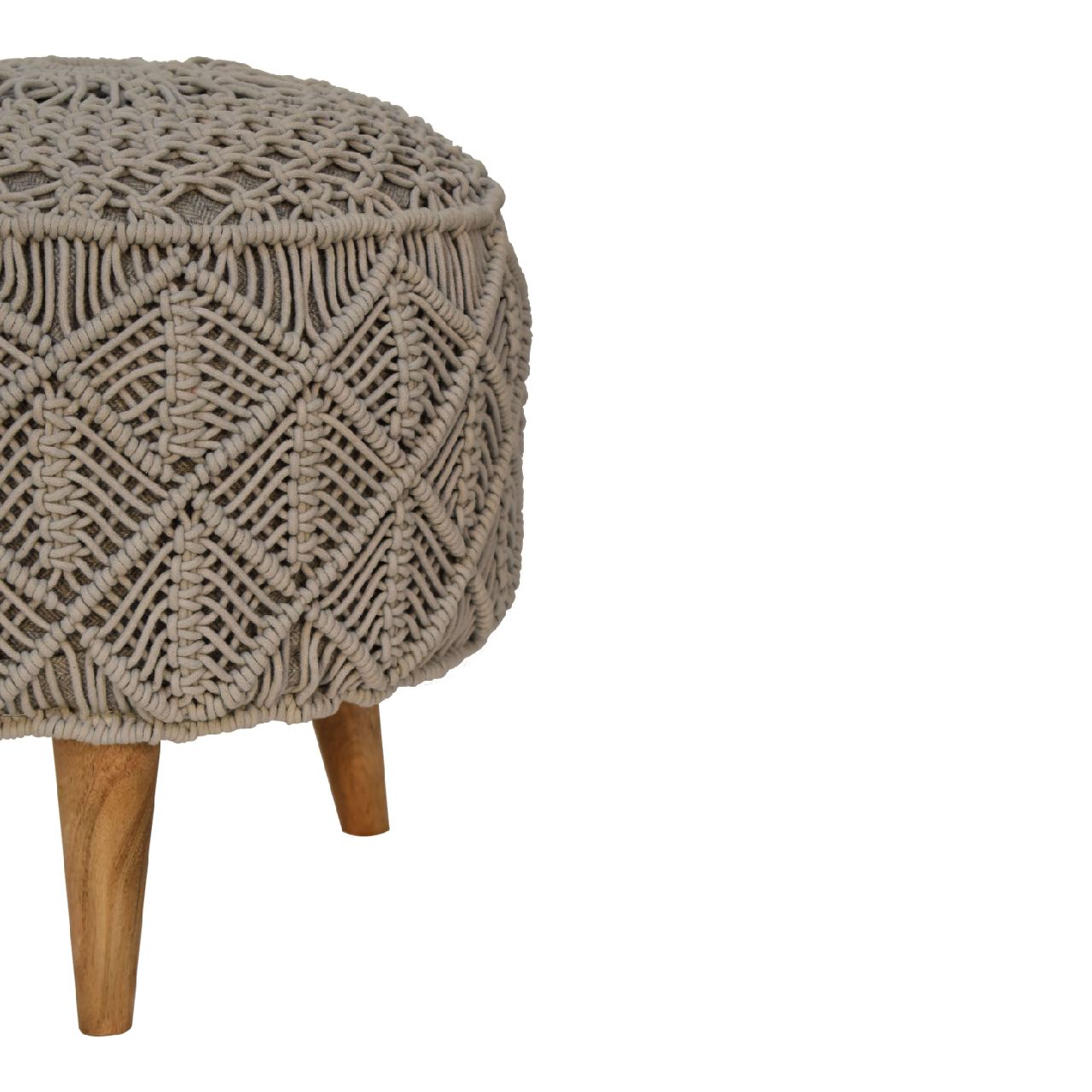 Handmade Crochet Grey Footstool – Knitted Pouffe Ottoman with Wooden Legs