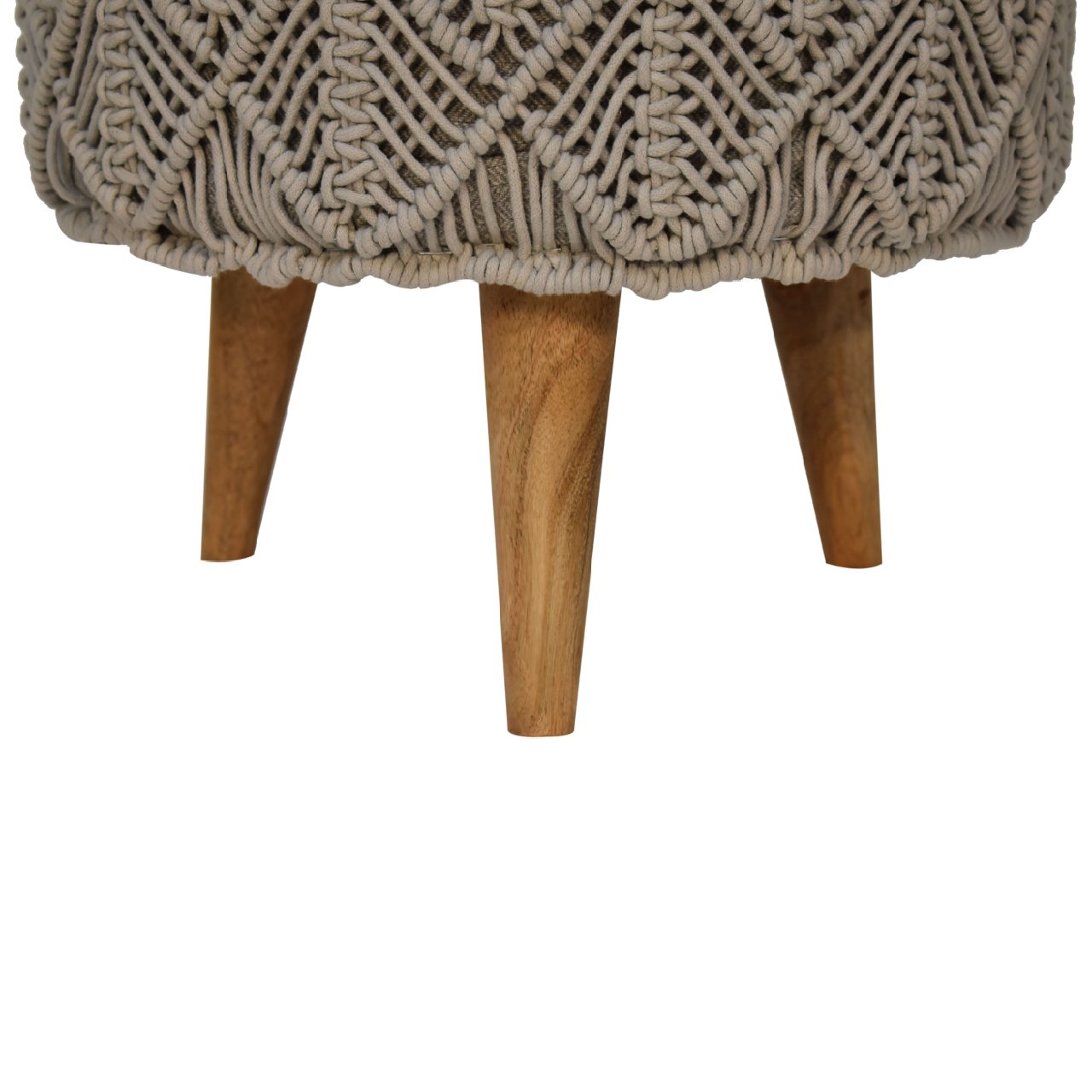 Handmade Crochet Grey Footstool – Knitted Pouffe Ottoman with Wooden Legs
