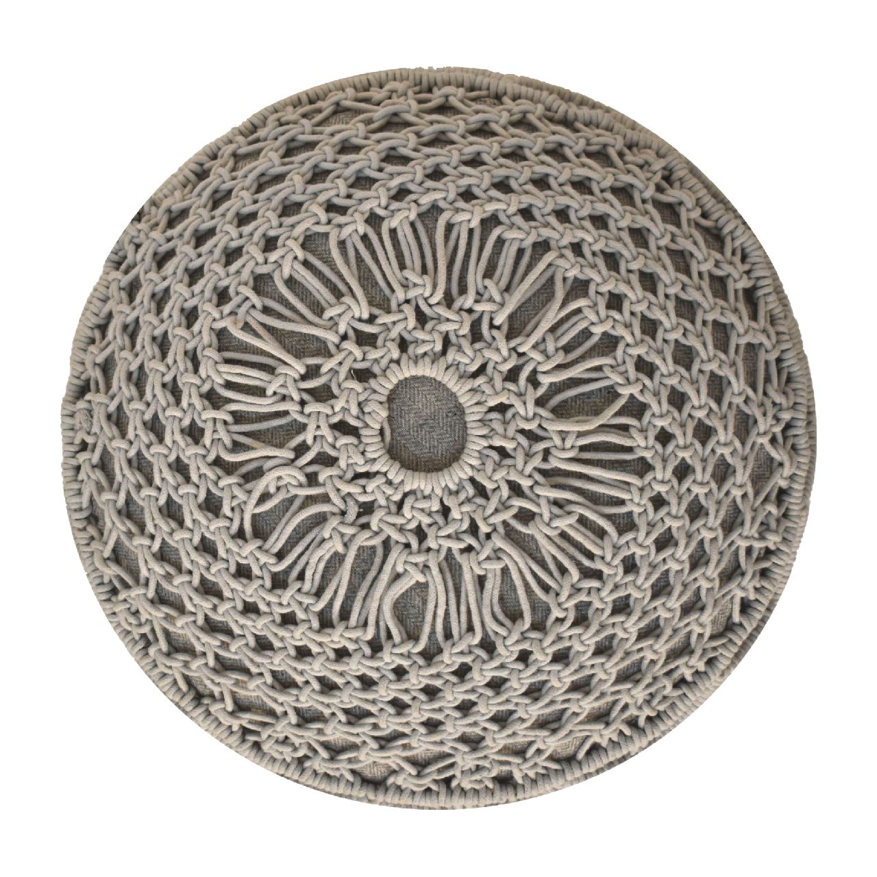 Handmade Crochet Grey Footstool – Knitted Pouffe Ottoman with Wooden Legs