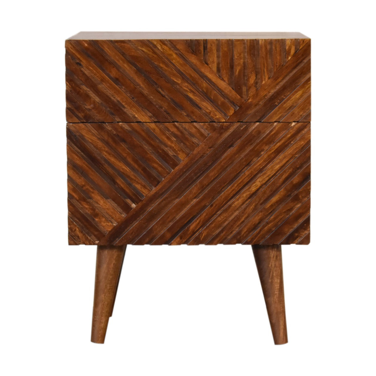 2 Drawer Bedside Table Lille– Solid Wood, Chestnut Finish, Hand-Carved Slatted Nordic Design