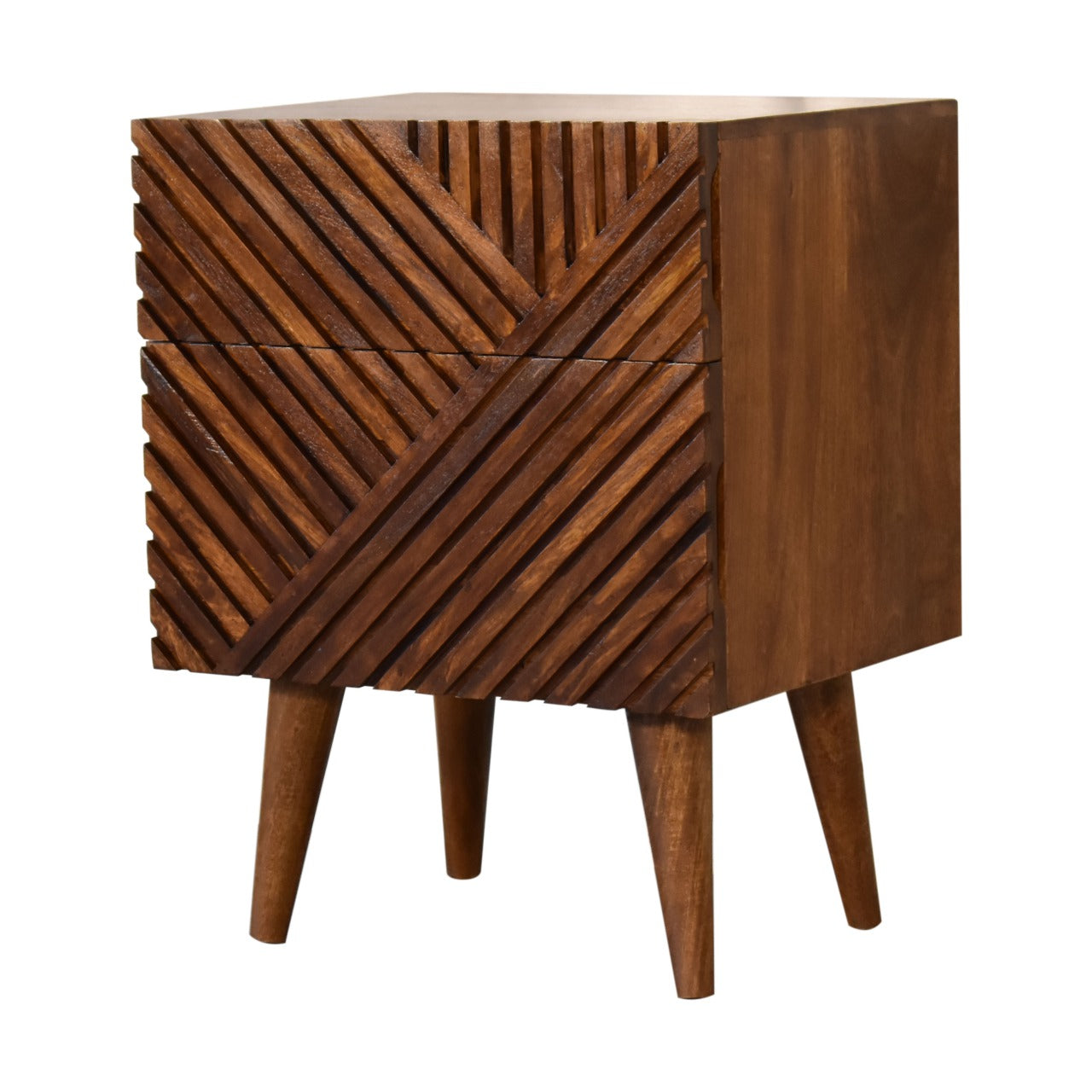 2 Drawer Bedside Table Lille– Solid Wood, Chestnut Finish, Hand-Carved Slatted Nordic Design