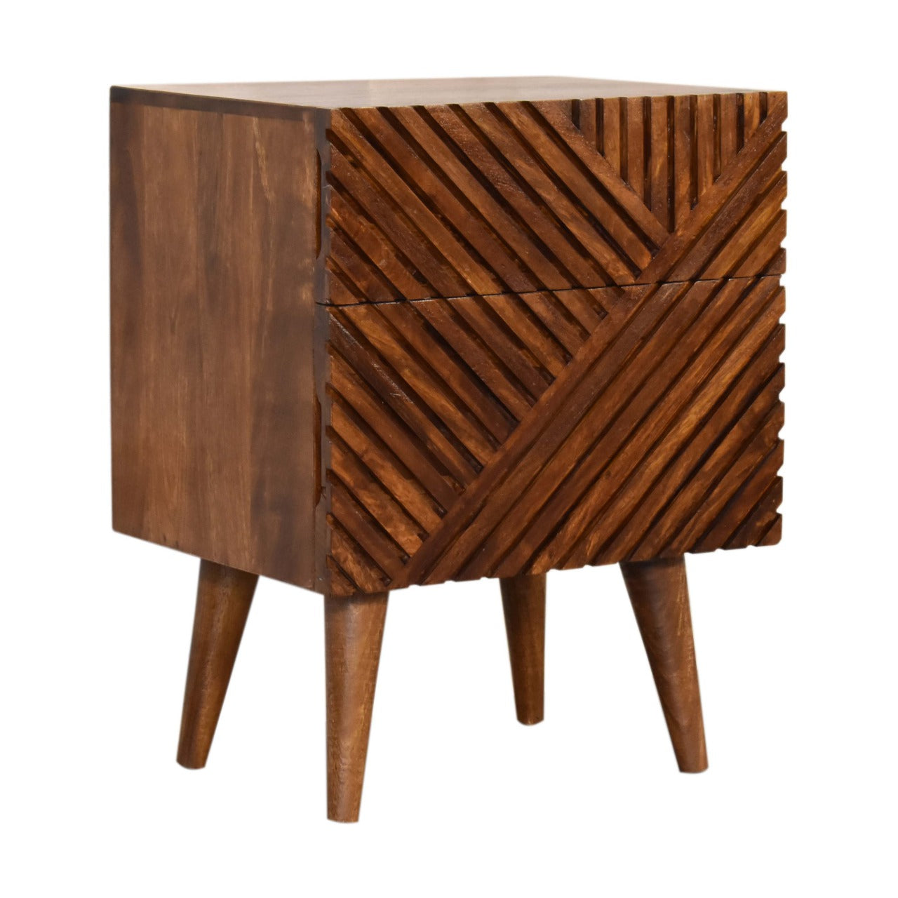 2 Drawer Bedside Table Lille– Solid Wood, Chestnut Finish, Hand-Carved Slatted Nordic Design