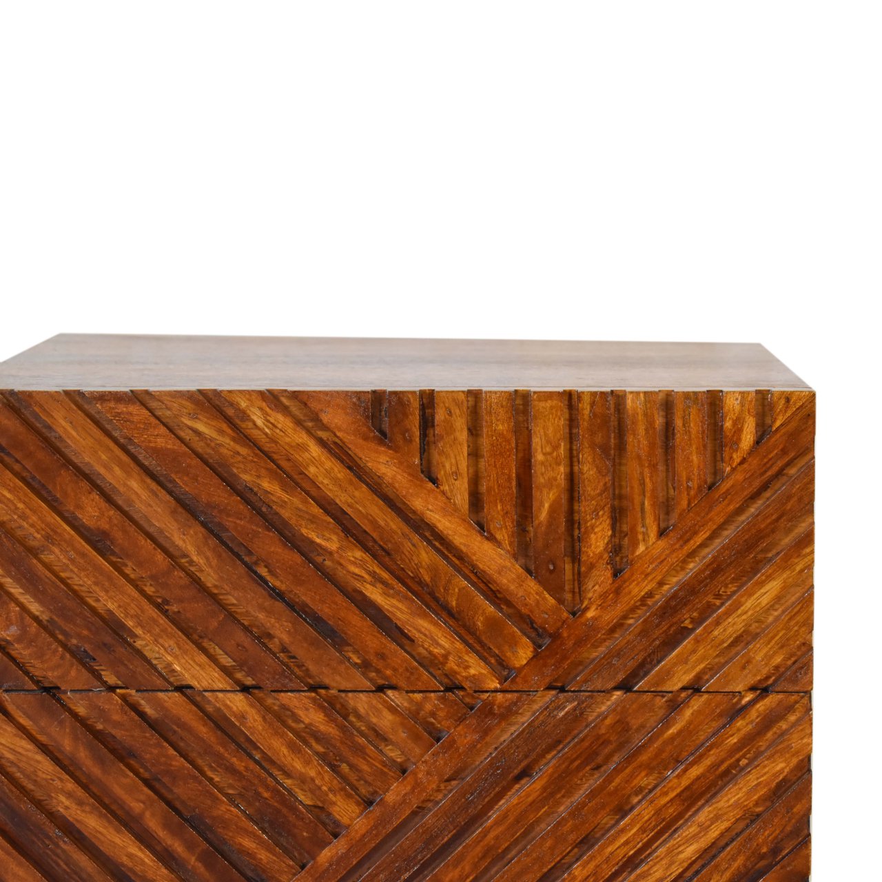 2 Drawer Bedside Table Lille– Solid Wood, Chestnut Finish, Hand-Carved Slatted Nordic Design