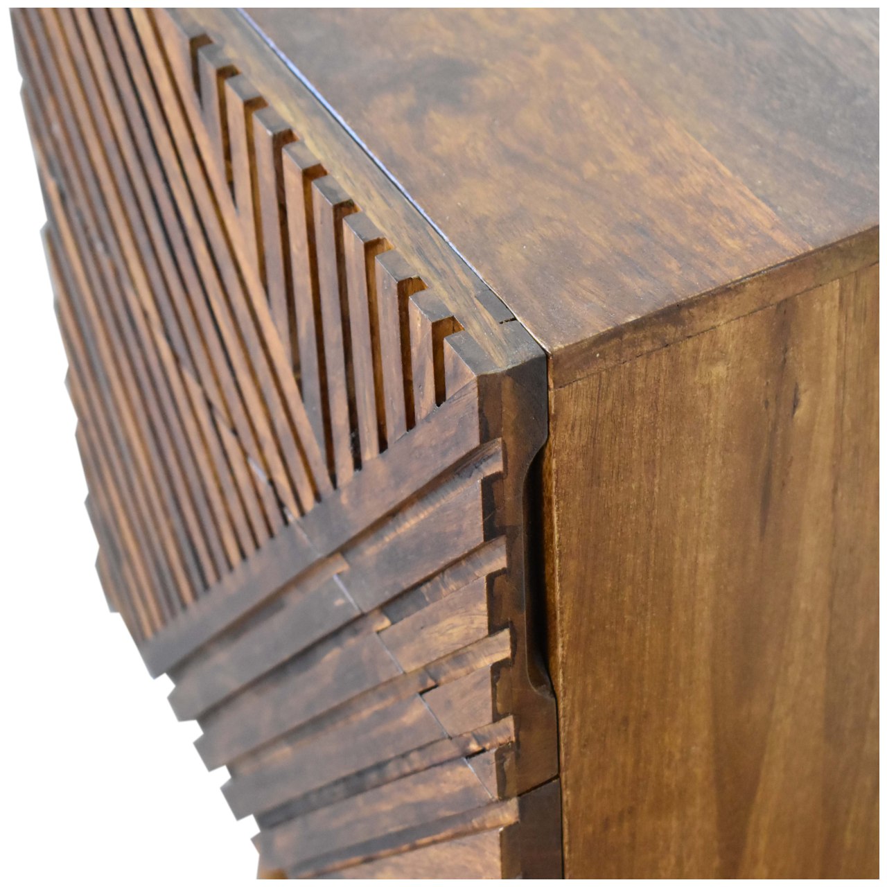 2 Drawer Bedside Table Lille– Solid Wood, Chestnut Finish, Hand-Carved Slatted Nordic Design