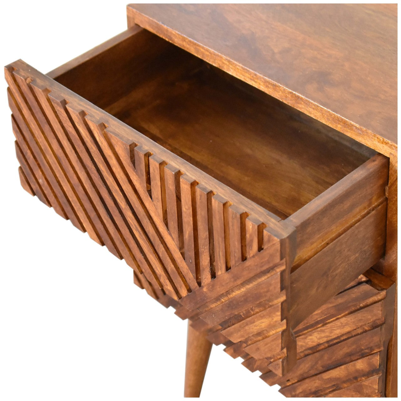 2 Drawer Bedside Table Lille– Solid Wood, Chestnut Finish, Hand-Carved Slatted Nordic Design