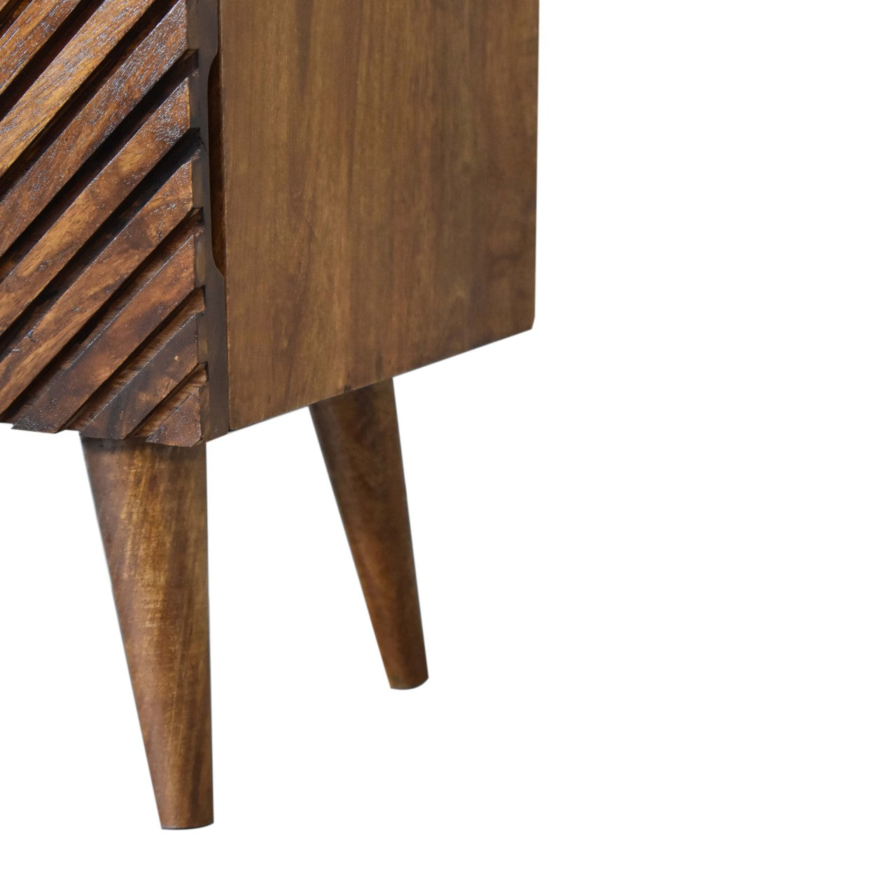 2 Drawer Bedside Table Lille– Solid Wood, Chestnut Finish, Hand-Carved Slatted Nordic Design