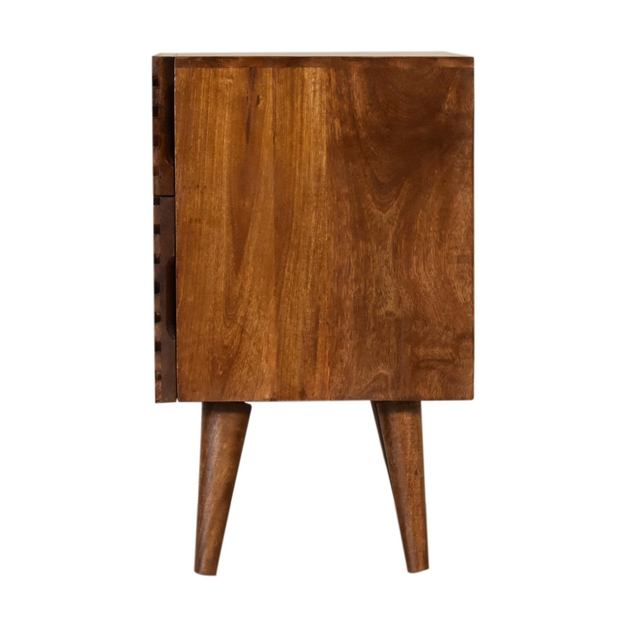 2 Drawer Bedside Table Lille– Solid Wood, Chestnut Finish, Hand-Carved Slatted Nordic Design