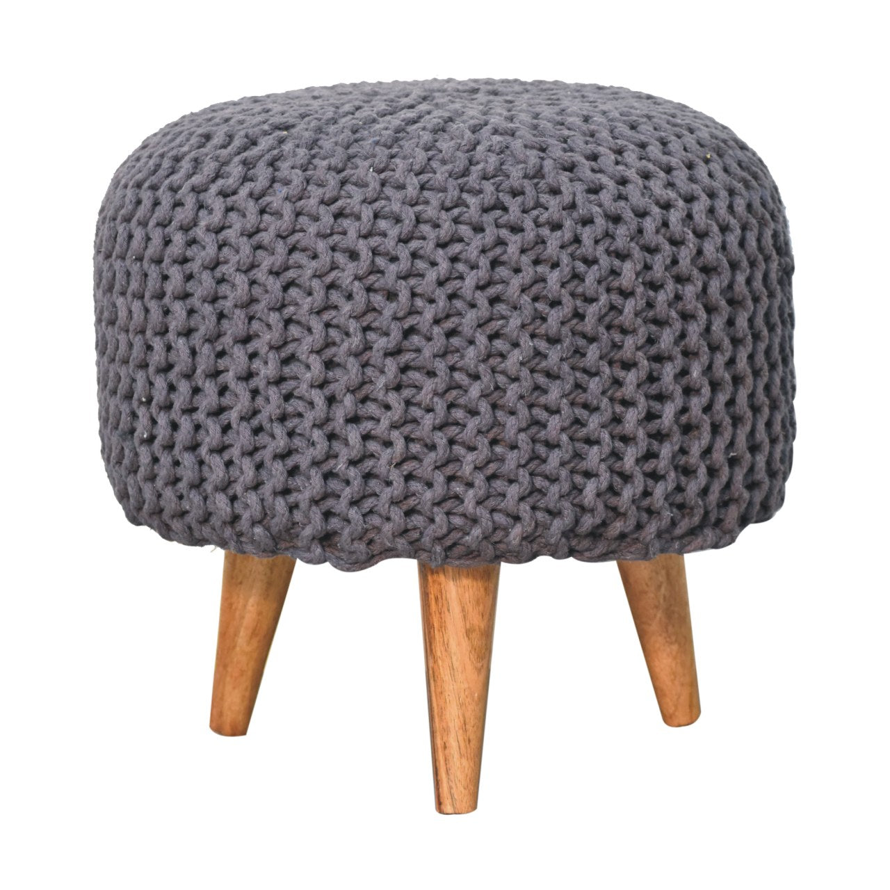 Keeva Grey Round Footstool – Handmade Upholstered Ottoman with Wooden Legs