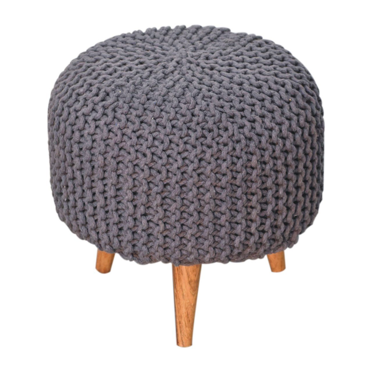 Keeva Grey Round Footstool – Handmade Upholstered Ottoman with Wooden Legs