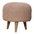 Keeva Beige Round Footstool – Handmade Upholstered Ottoman with Wooden Legs
