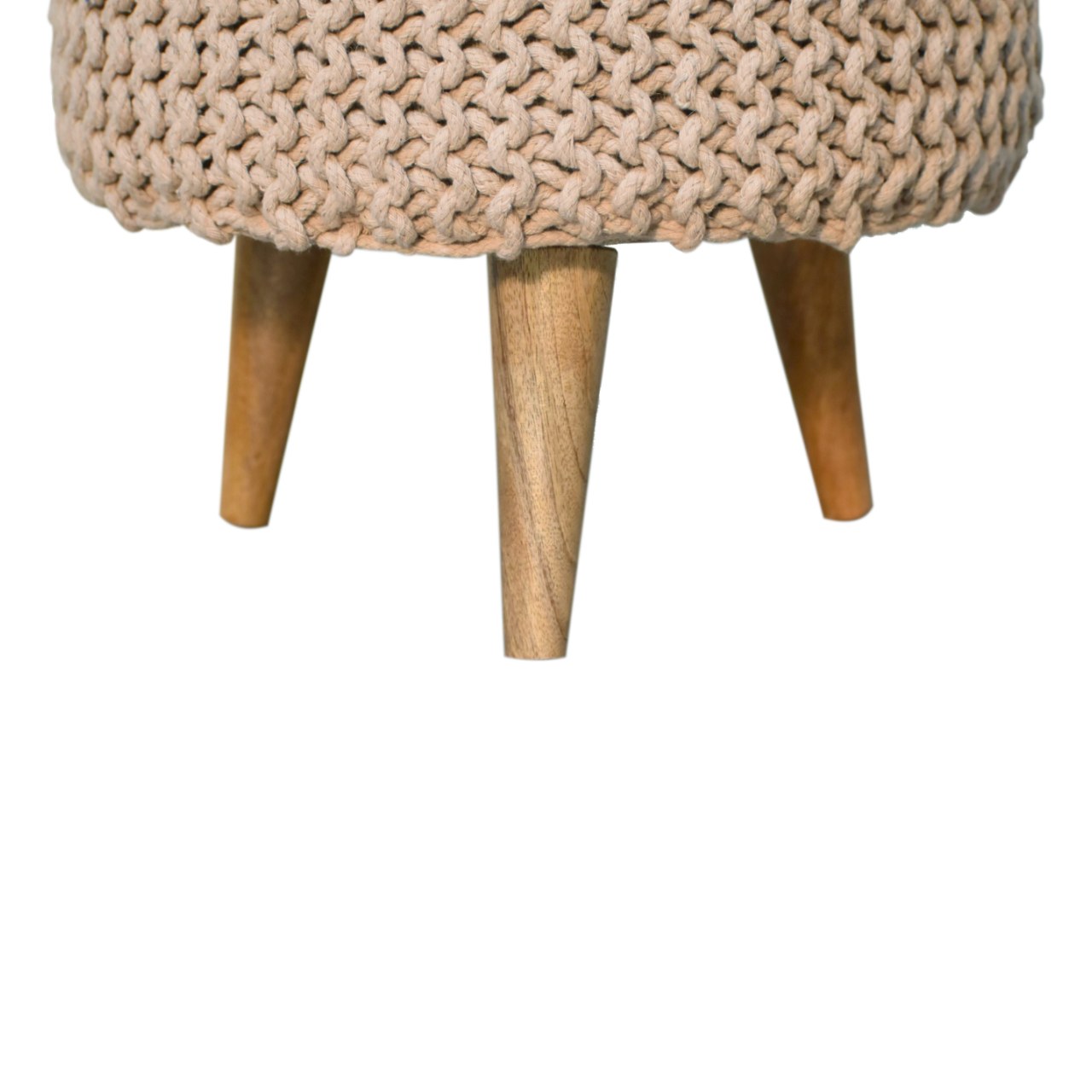 Keeva Beige Round Footstool – Handmade Upholstered Ottoman with Wooden Legs