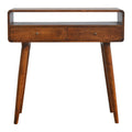 Solid Wood 2 Dawer and Open Shelf Curved Console Table in Chestntu Finish,