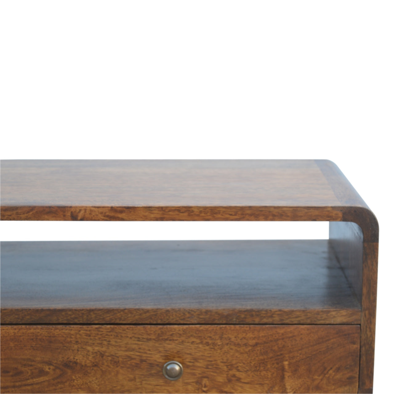 Solid Wood 2 Dawer and Open Shelf Curved Console Table in Chestntu Finish,