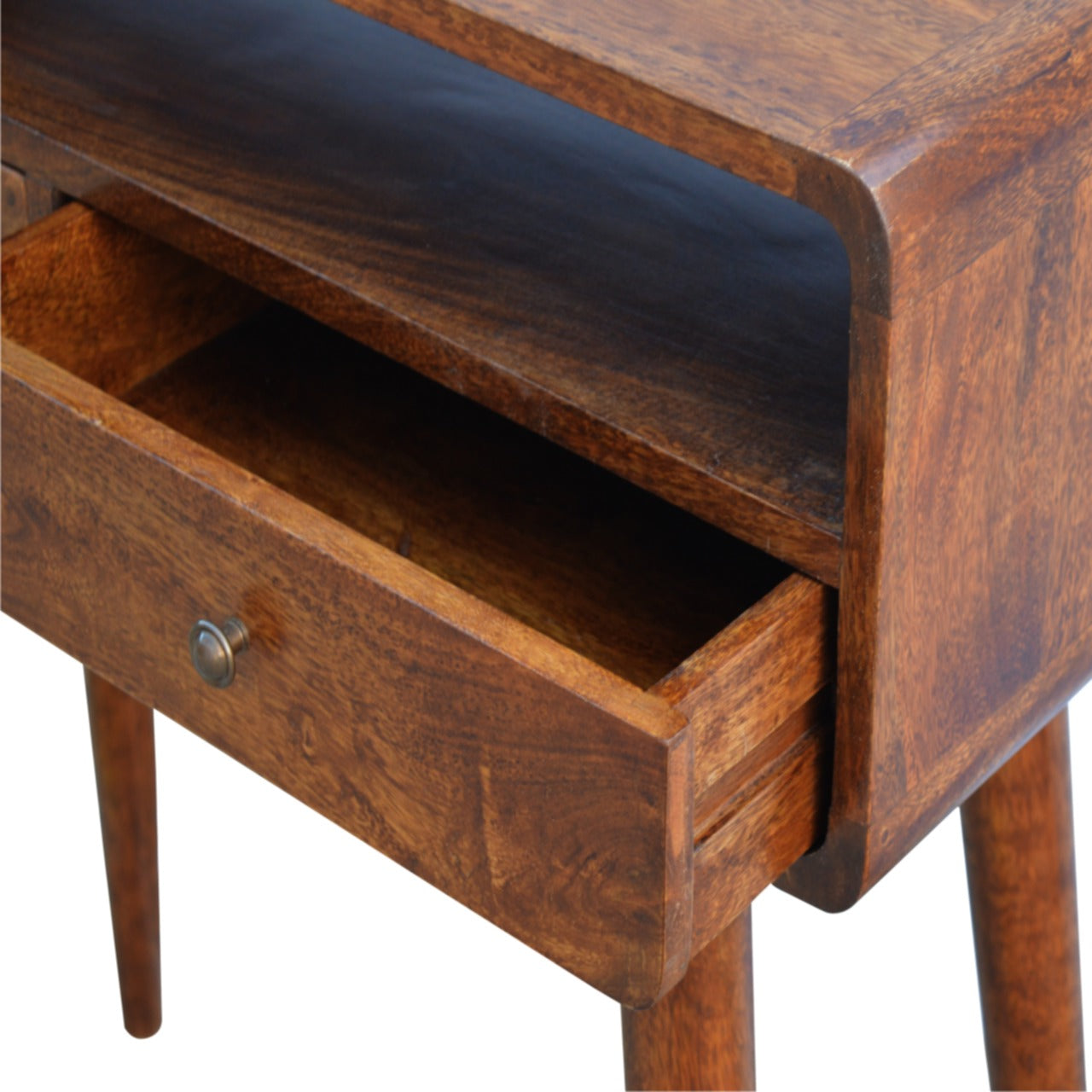 Solid Wood 2 Dawer and Open Shelf Curved Console Table in Chestntu Finish,