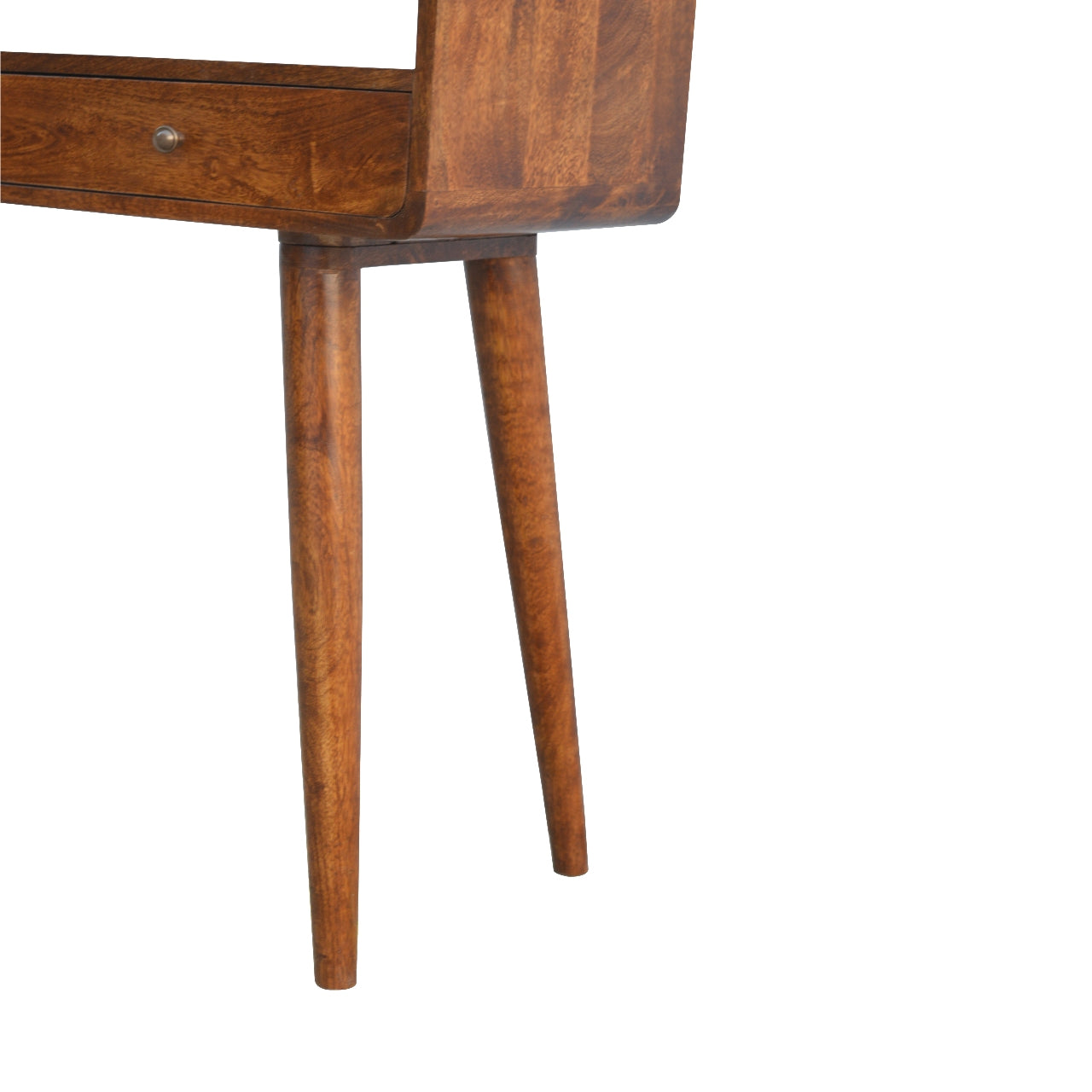 Solid Wood 2 Dawer and Open Shelf Curved Console Table in Chestntu Finish,