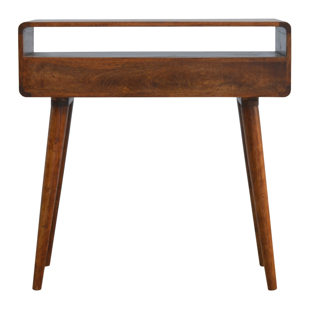 Solid Wood 2 Dawer and Open Shelf Curved Console Table in Chestntu Finish,