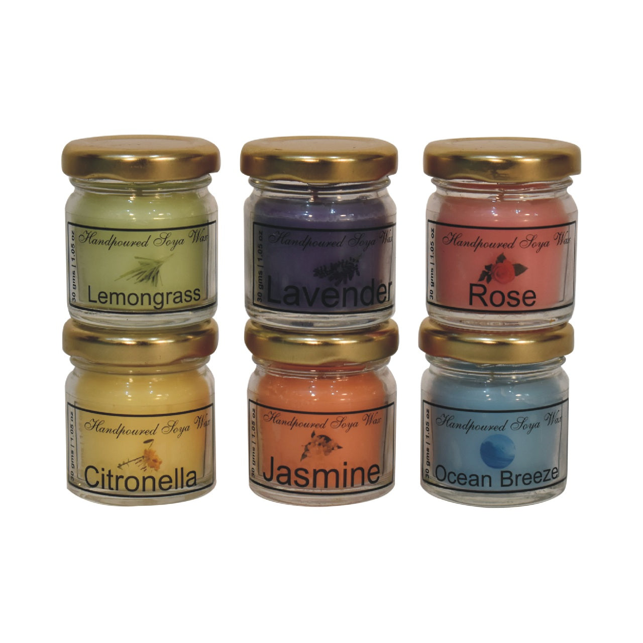 Mini Candle Set of 6 - Lemongrass, Lavender, Rose, Citronella, Jasmine and Summer Tides