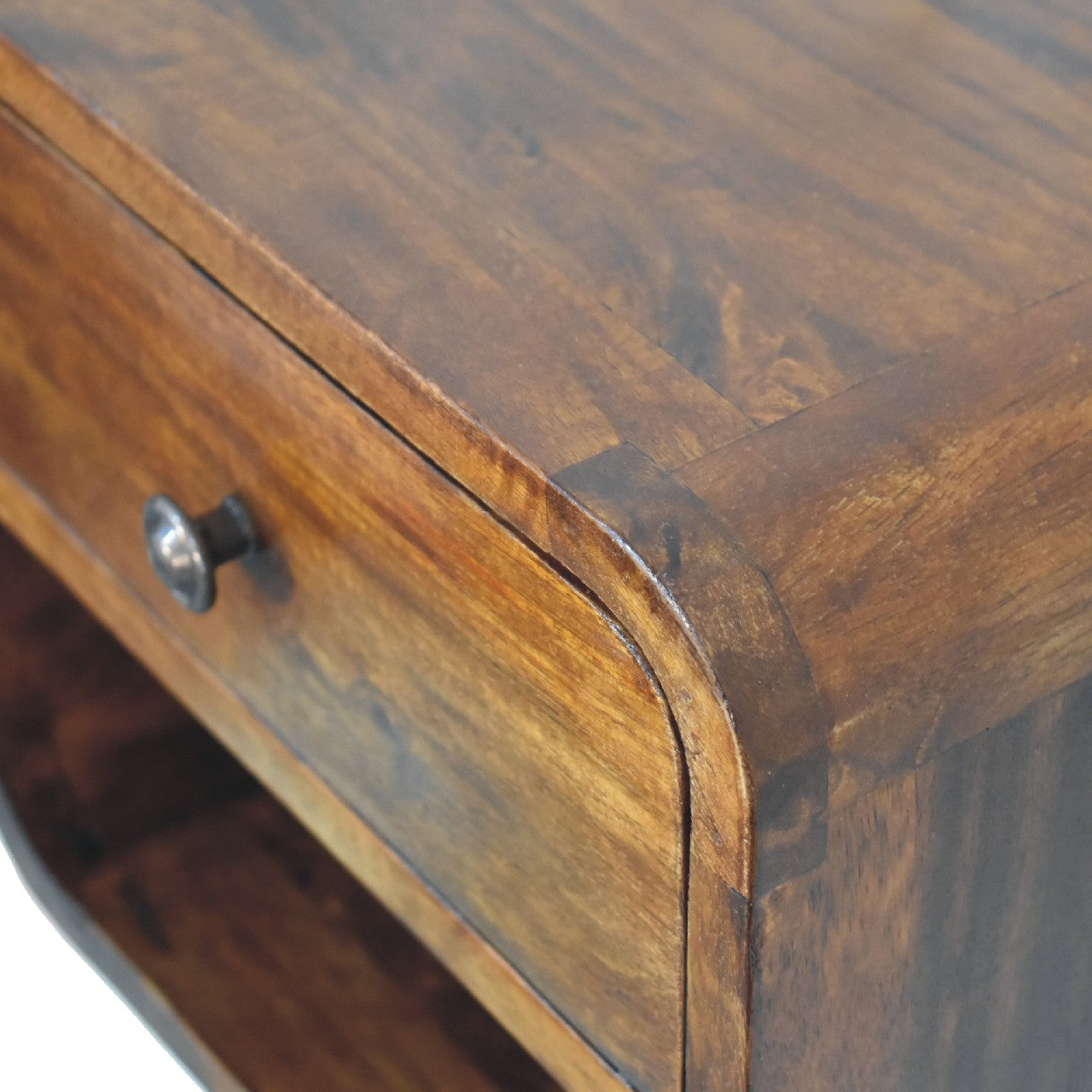 Handmade Solid Wood Floating Bedside Table with Drawer & Open Shelf in Chestnut