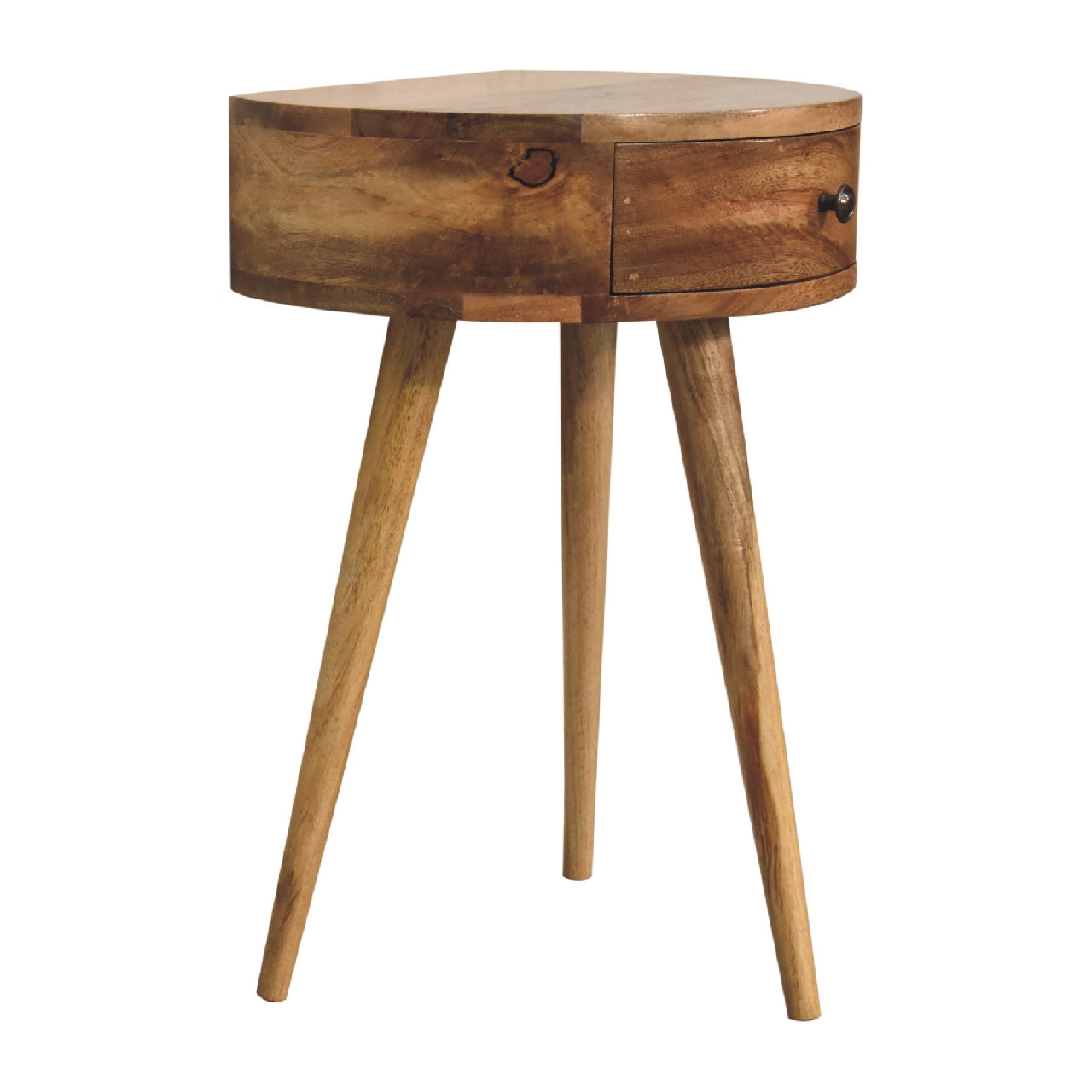 Handmade Solid Wood Compact Circular Bedside Table – 1 Drawer with Nordic Legs