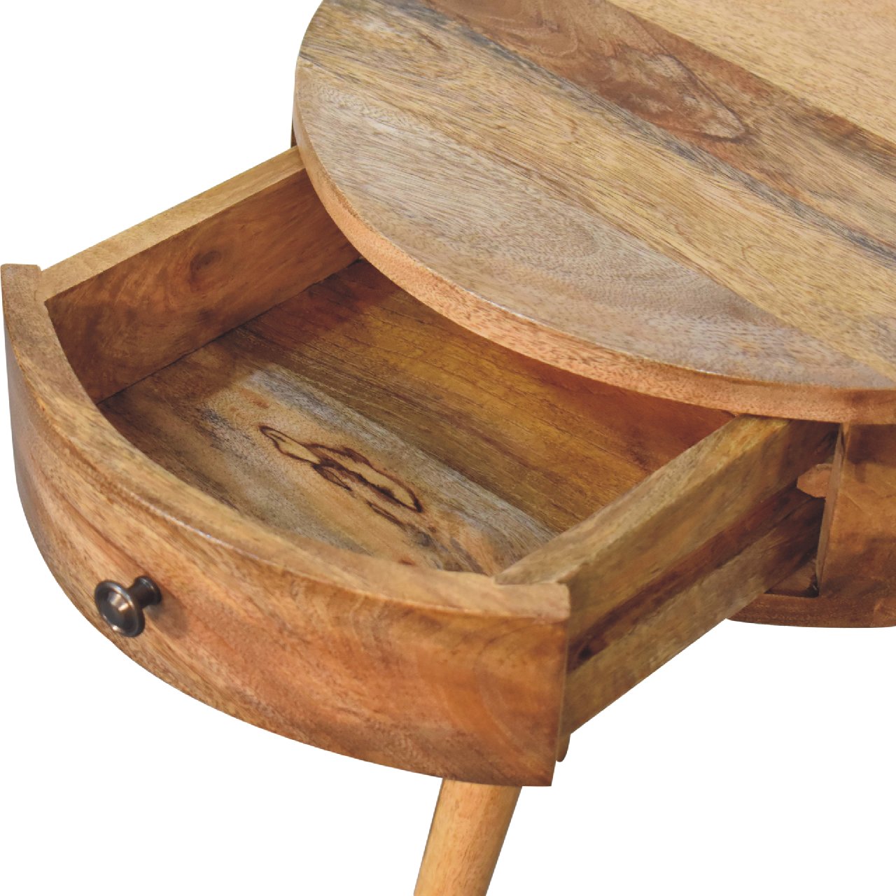 Handmade Solid Wood Compact Circular Bedside Table – 1 Drawer with Nordic Legs