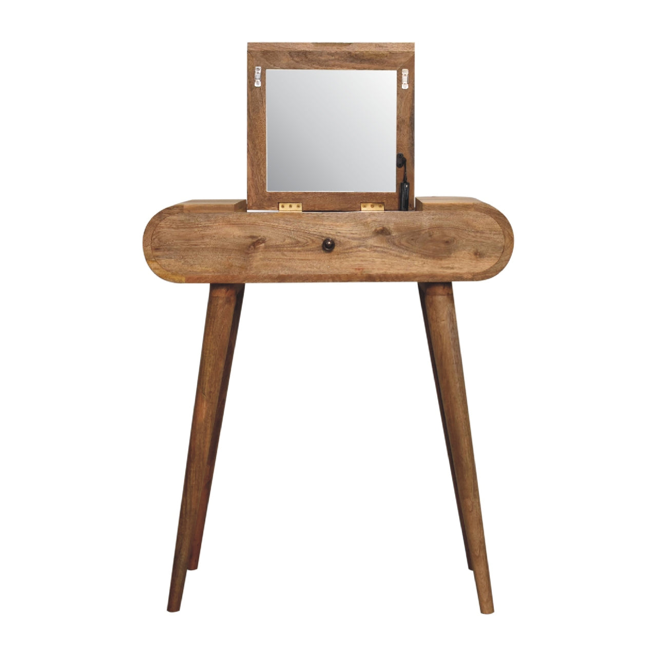Mini Oak-ish Round Dressing Table with Drawer & Foldable Wood Mirror - Compact Vanity