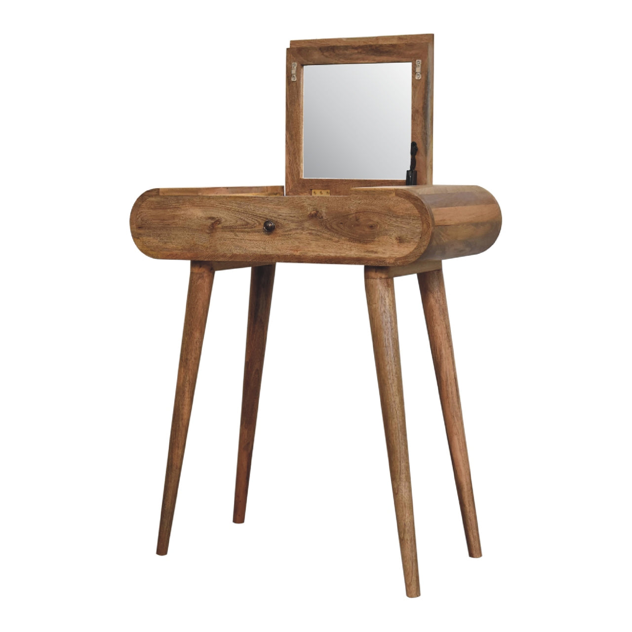 Mini Oak-ish Round Dressing Table with Drawer & Foldable Wood Mirror - Compact Vanity