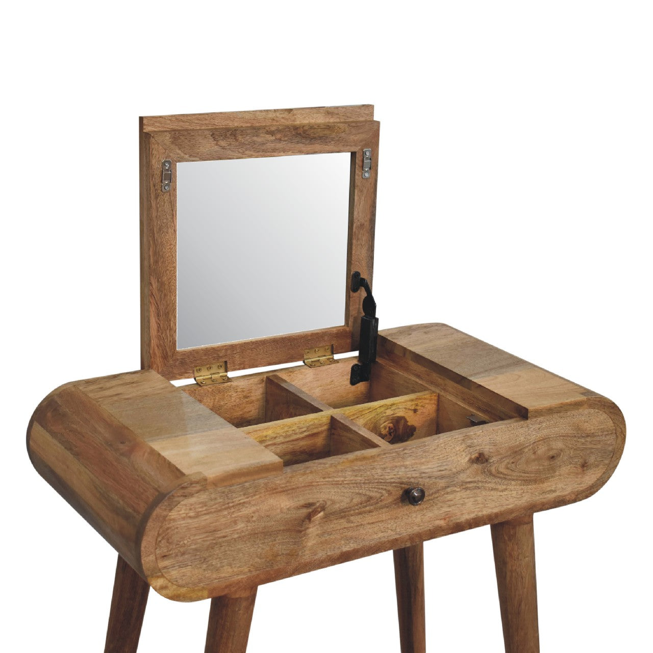 Mini Oak-ish Round Dressing Table with Drawer & Foldable Wood Mirror - Compact Vanity