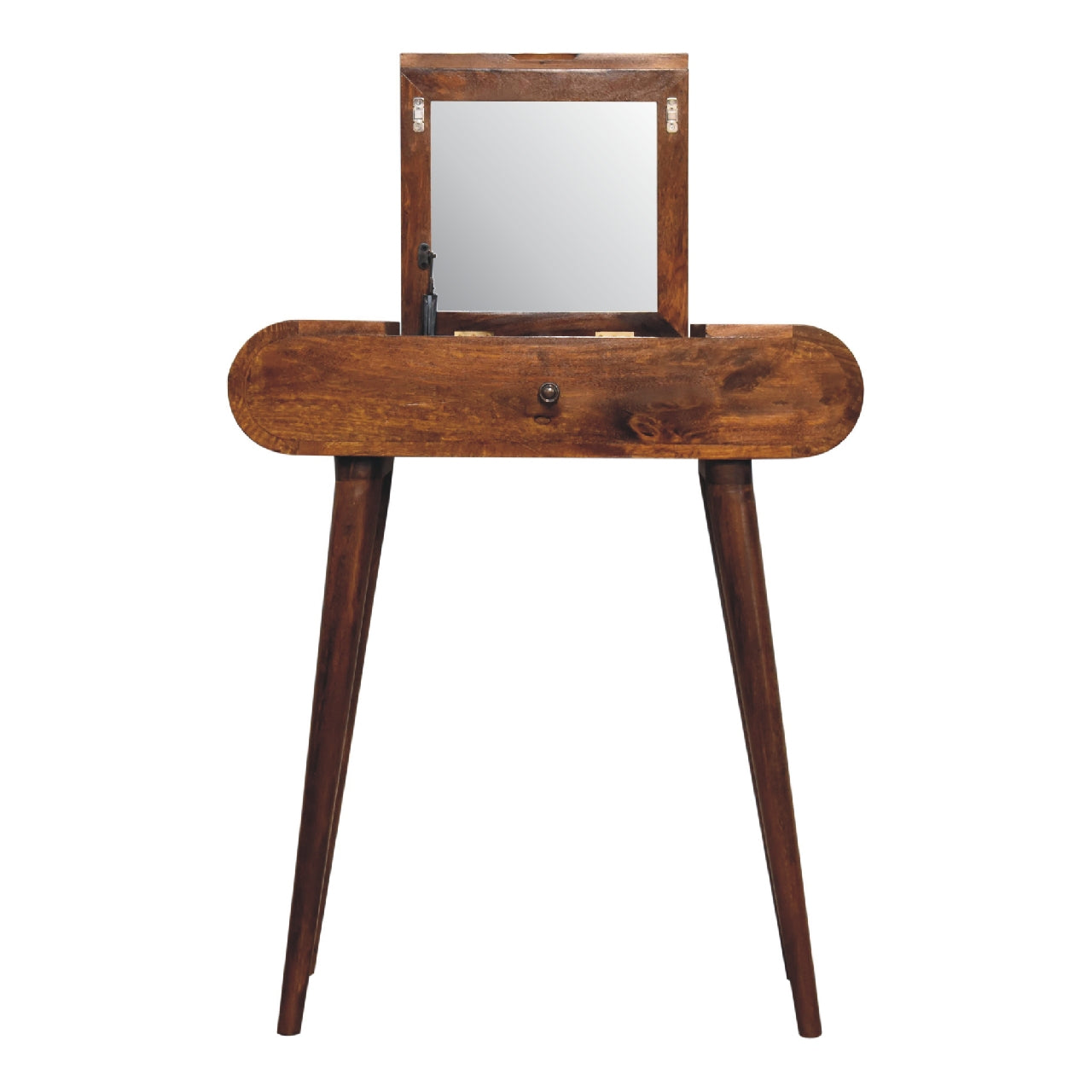Mini Round Chestnut Fold Vanity with Mirror and Storage - Solid Wood