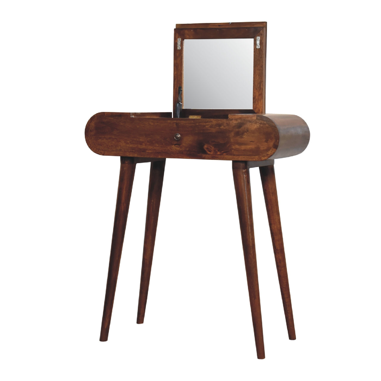 Mini Round Chestnut Fold Vanity with Mirror and Storage - Solid Wood